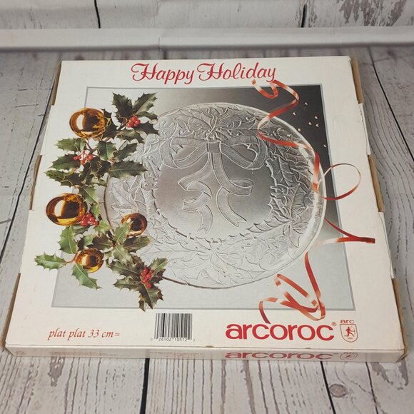Arcoroc Glass Platter Happy Holiday Christmas Round Wreath With Bow USA 13" - Picture 12 of 12